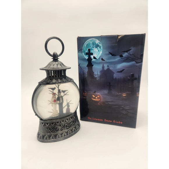 NIB Halloween Snow Globe Lantern Skeleton Couple Erie Sounds Lights Swirling Fog - Picture 1 of 9